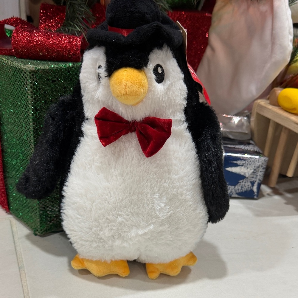 Dog Toy Plush Penguin with Red Velvet Bow Tie